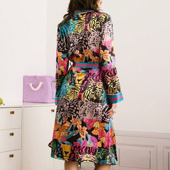 Multicolor Casual Women's Floral & Botanical Silk Robe - Picture 2 of 6